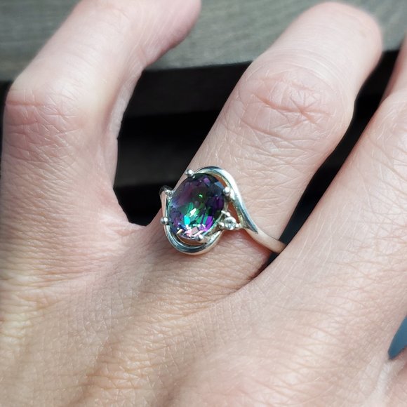 Size 8 Sterling Silver Mystic Oval Topaz And CZ Ring - Picture 3 of 8